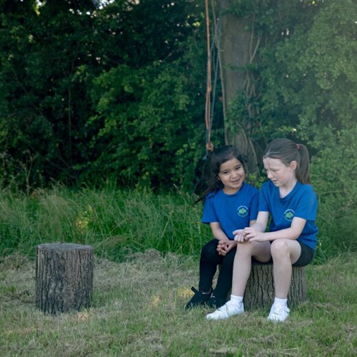 Elmhurst school two girls sitting on tree stumps